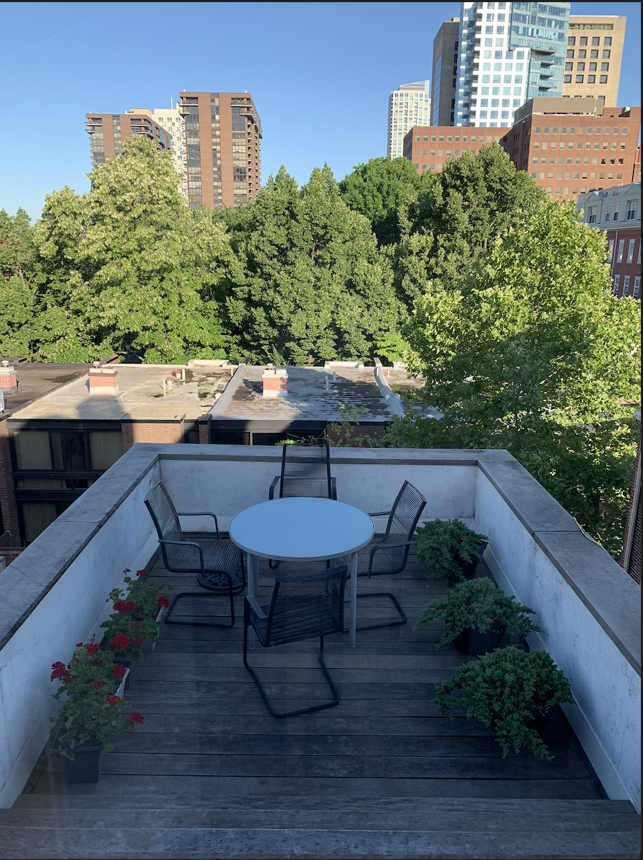 Private roof terrace with dining set and Philadelphia skyline views