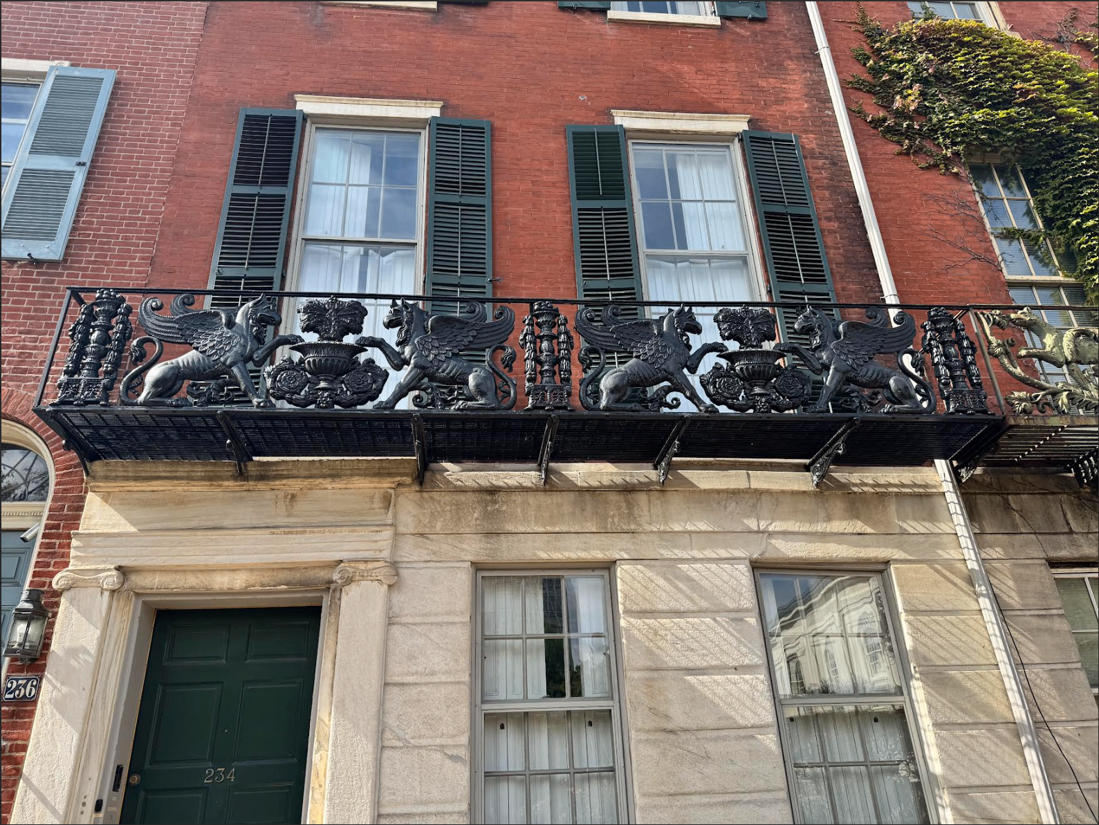 Walter-Burnette Estate facade with cast-iron griffin balcony, Society Hill Philadelphia